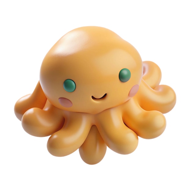 an orange toy that has a green eye and a blue button on it