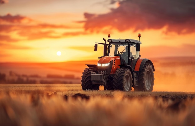 an orange tractor is driving through a field at sunset