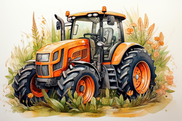 Orange tractor painted with watercolor created with generative al technology