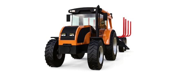 Orange tractor with a trailer for logging on a white background. 3d rendering.