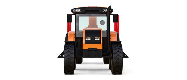 Orange tractor with a trailer for logging on a white background. 3d rendering.