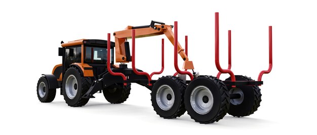 Orange tractor with a trailer for logging on a white background. 3d rendering.