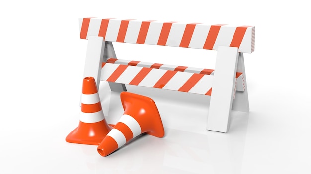Orange traffic cones and barrier isolated on white background