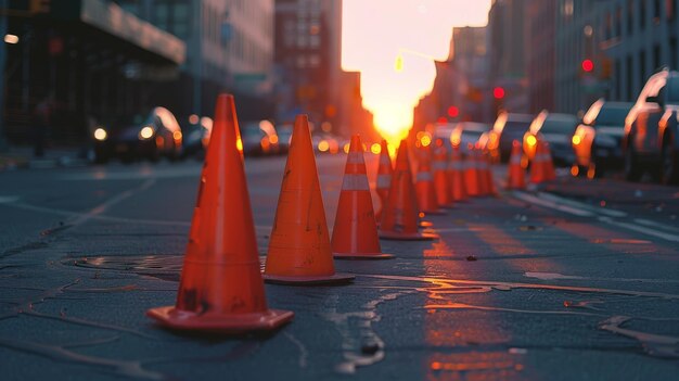 Orange traffic cones placed on the urban road serving as a safety barrier for drivers