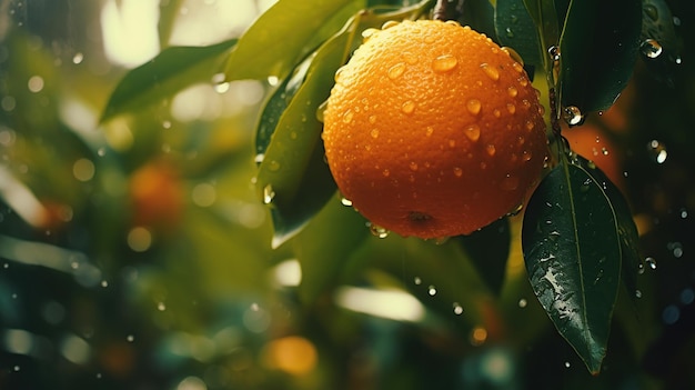 녹색 잎이 있는 나뭇가지에 오렌지