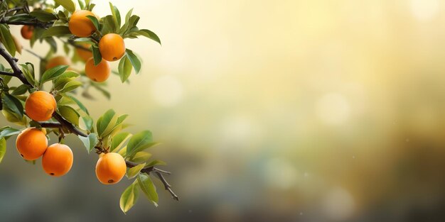 orange tree in the corner in over blurred background banner with copy space for text