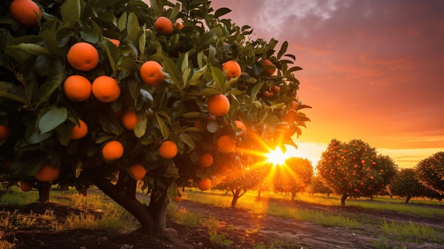 An orange tree in front of a house with potted plants