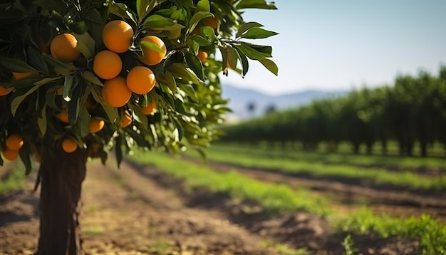 An orange tree is in the foreground with a farm field background