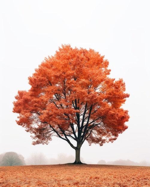 an orange tree in the middle of a foggy field