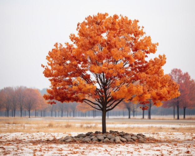 an orange tree in the middle of a snow covered field