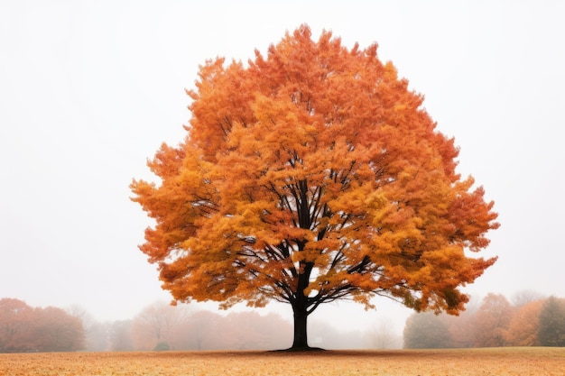 an orange tree stands alone in a foggy field