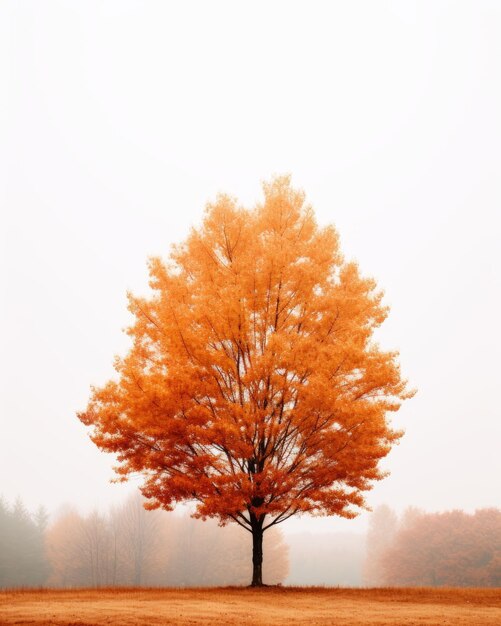 an orange tree stands in the middle of a foggy field