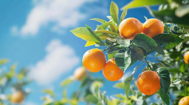 Foto albero arancione con frutti sullo sfondo del cielo blu generativo ai