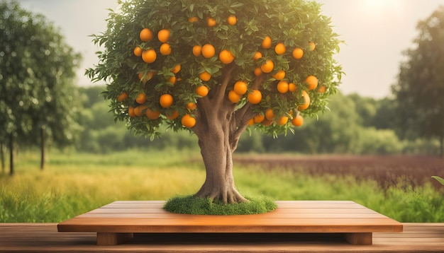 an orange tree with a green grass and a wooden table with a picture of a tree on it