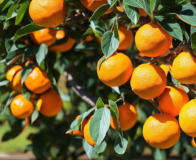 Orange tree with green leaves on a background of the blue sky