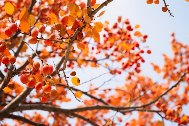 an orange tree with red leaves and blue sky in the background