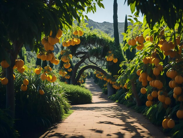 Фото Апельсиновые деревья и цветы в саду