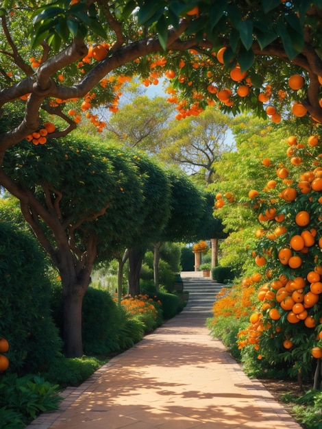 Photo orange trees and flowers in a garden