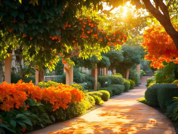 Orange trees and flowers in a garden