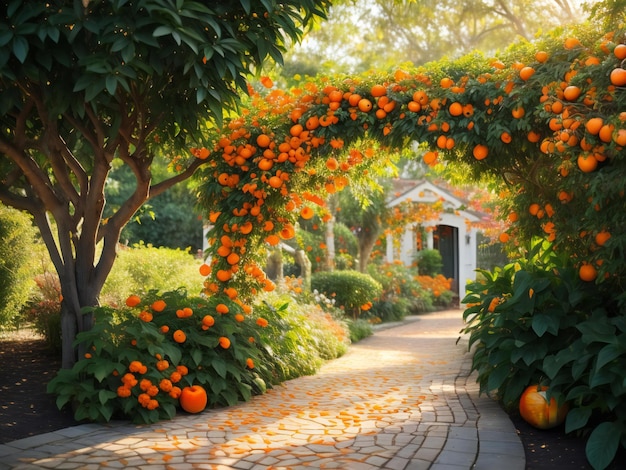 オレンジの木と庭の花