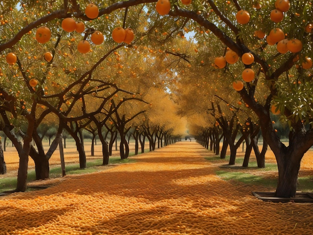 Gli aranci fiancheggiano il sentiero in un aranceto