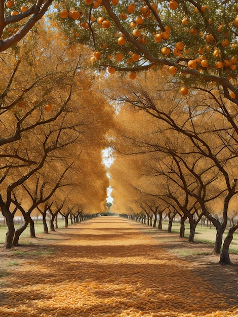 Photo orange trees line the path in an orange grove