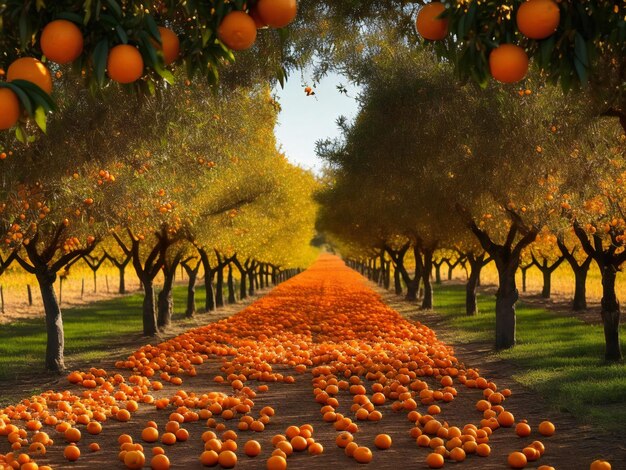 Photo orange trees line the path in an orange grove