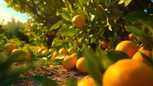 Orange trees in a plantation with leaves and the word orange on the bottom.