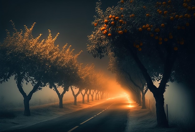 Orange trees and a road in the fog at night