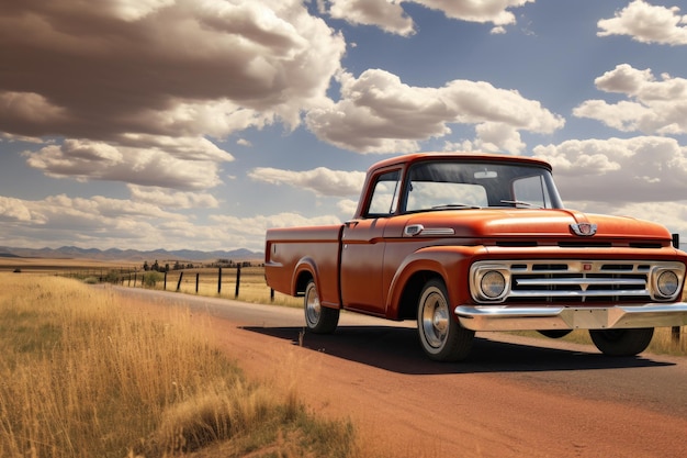 An orange truck drives down a dirt road A pickup truck on an open road in the American countryside AI Generated
