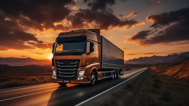 Orange truck on the road at sunset