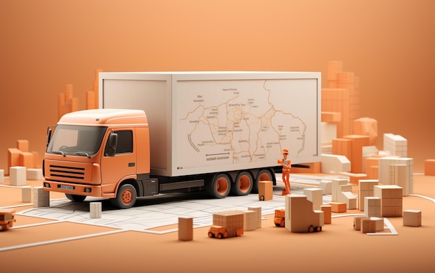 a orange truck with a drawing of a map on the side of it