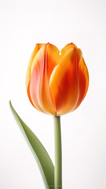 Photo orange tulip with green leaf on white background