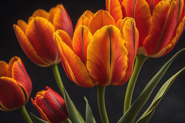 Orange tulips on a dark background Closeup view generative ai