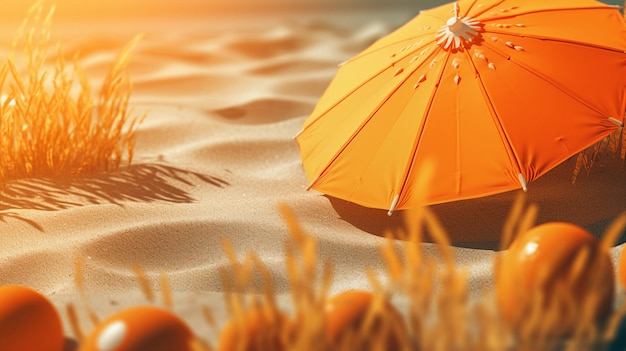 An orange umbrella is on a beach with a palm leaf on the ground