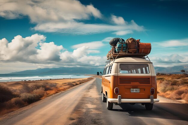 Фото Оранжевый фургон с багажем на крыше ездит по дороге путешествие отпуск отпуск и поездка концепция ген