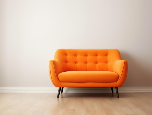 Foto divano o poltrona di velluto arancione in una stanza vuota