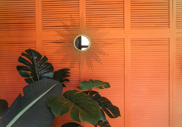 Orange wall beautiful mirror in the form of the sun tropical flowers