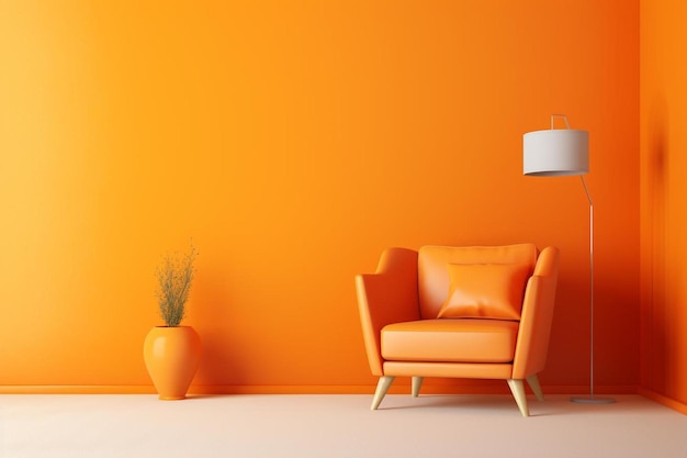 orange wall with a chair and a lamp in the corner