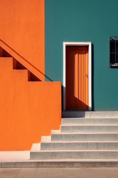 An orange wall with a door and steps in the style of light emerald and indigo ai generative