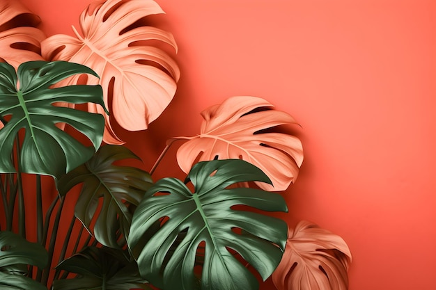 An orange wall with a plant and leaves on it