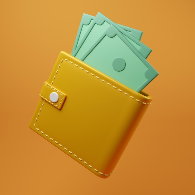 orange wallet and cash orange background 3d render