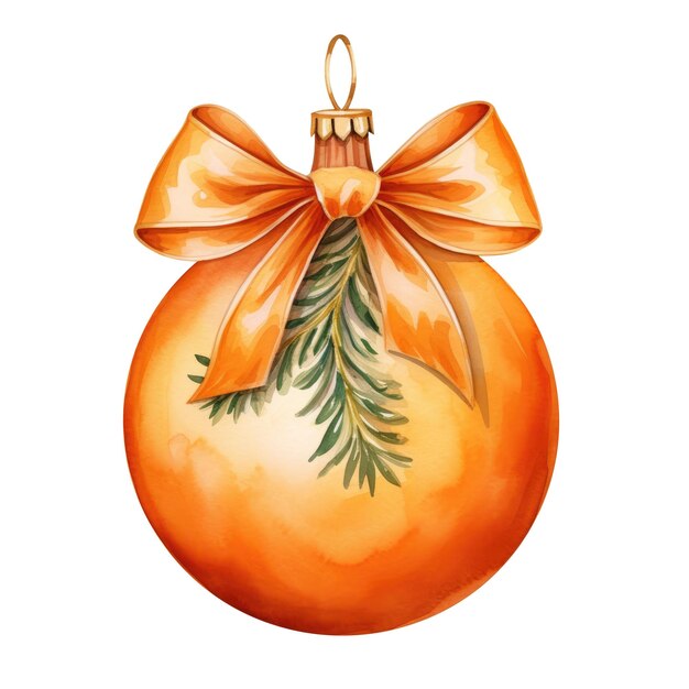 Фото Оранжевый акварельный рождественский шар с лентой и луком, изолированным на фоне