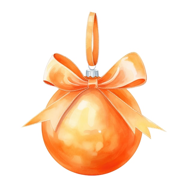 Фото Оранжевый акварельный рождественский шар с лентой и луком, изолированным на фоне