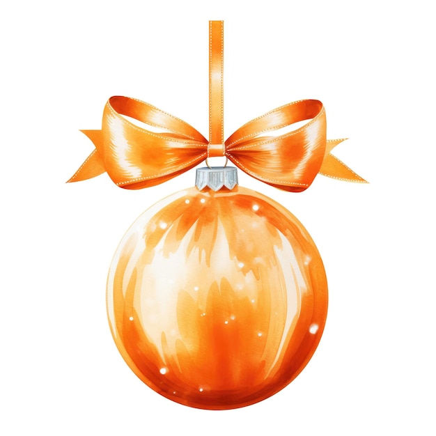 Photo orange watercolor christmas ball with ribbon and a bow isolated on background generative ai