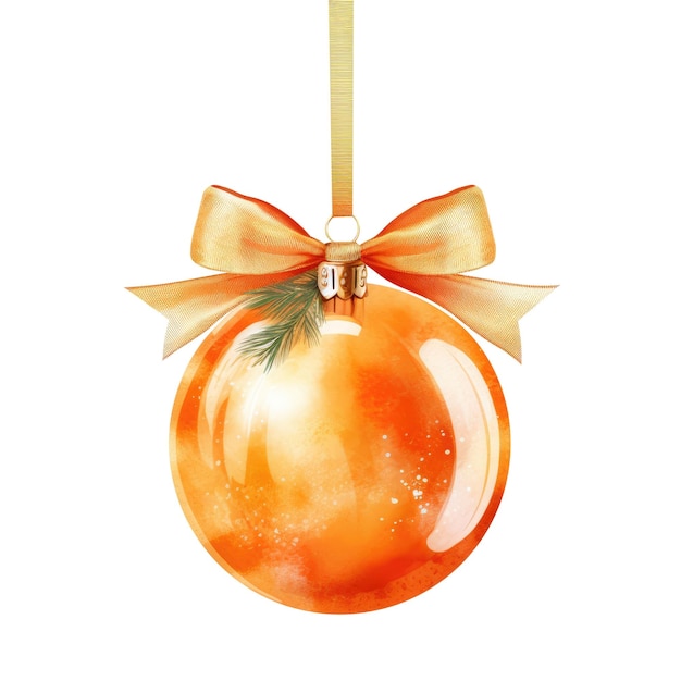 Photo orange watercolor christmas ball with ribbon and a bow isolated on background generative ai