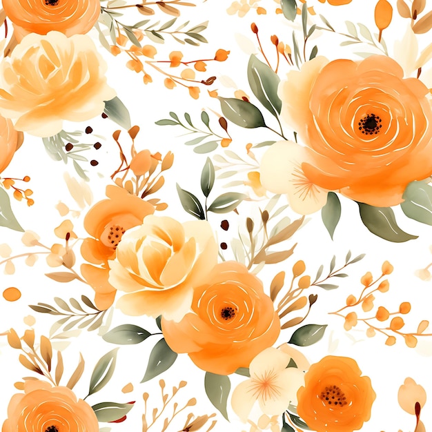 Photo orange watercolor flowers seamless hd pattern