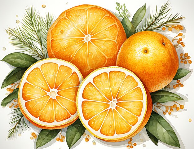 Orange watercolor illustration citrus fruit branch orange isolated on white background