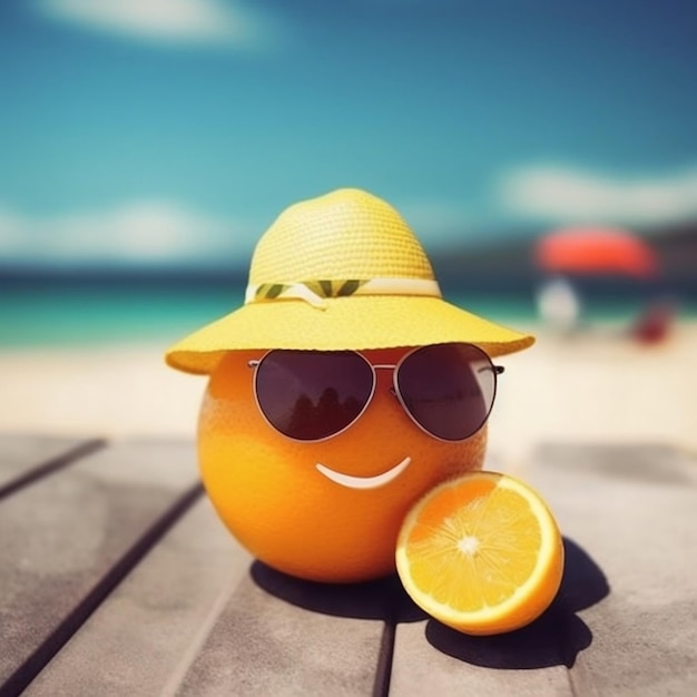 Апельсин в шляпе и солнцезащитных очках сидит на столе рядом с апельсином.