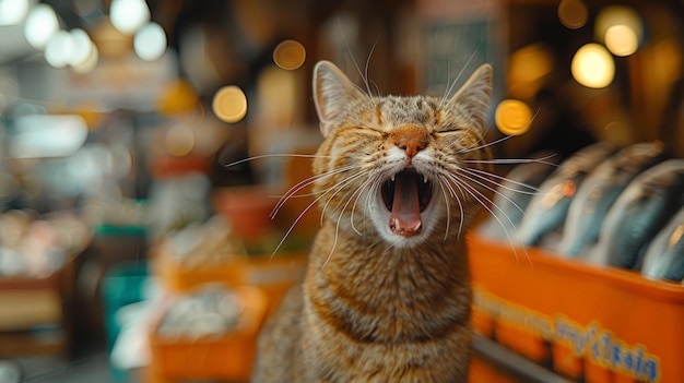 Orange and White Cat Yawning in Store